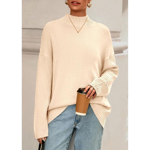 Women’s Oversized Long Sleeve Knit Sweater Mock Neck Fall Casual - Picture 2 of 8